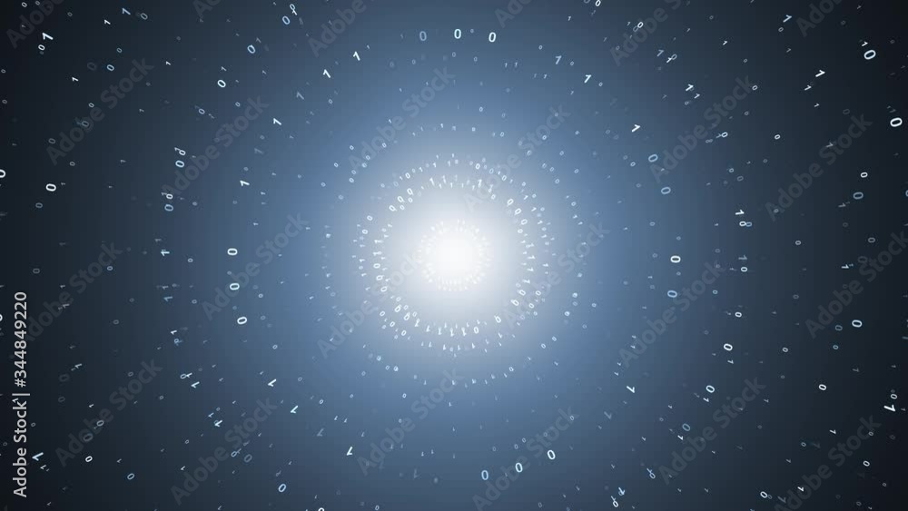 Poster technology computer animation with spinning binary data around shiny centre. blue business copy spac