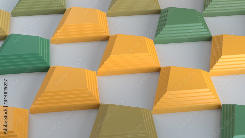 Poster abstract geometric composition with yellow and green glossy rhombus on a white background. 3d render