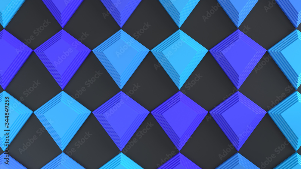 Poster abstract geometric composition with blue glossy rhombus on a black background. 3d render with depth 