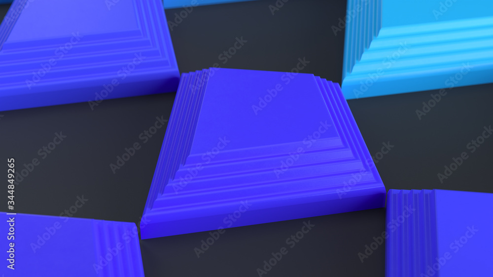 Aufkleber abstract geometric composition with blue glossy rhombus on a black background. 3d render with depth 