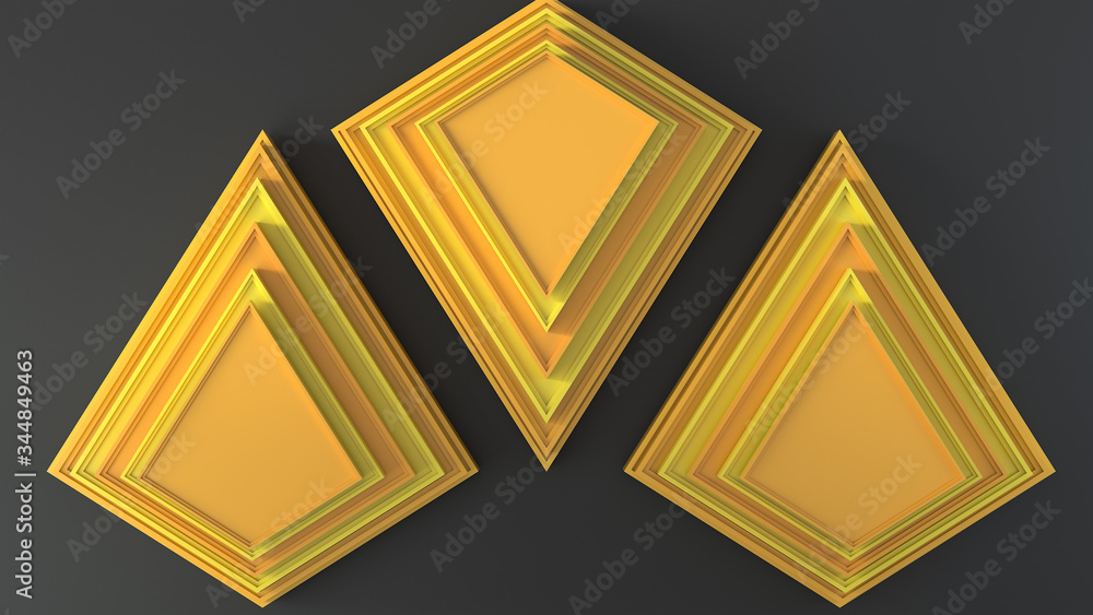 Poster abstract geometric composition with yellow glossy rhombus on a black background. 3d render with dept