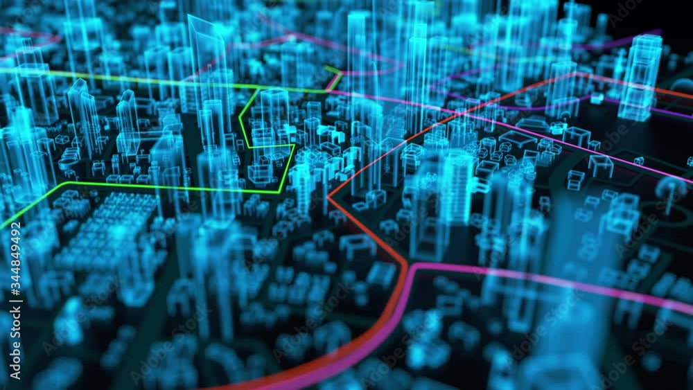 Poster 3d rendering aerial view of destination line moving pass through the hologram city, for gps navigati