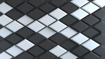 Abstract geometric composition with a pattern of black and white glossy rhombus on black background. 3d render with depth of field.