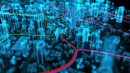 3D Rendering aerial view of destination line moving pass through the hologram city, for gps navigation and data transfer concept, shallow depth of field, dark and grain processed - Powered by Adobe