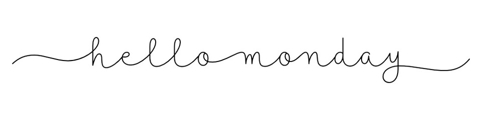 HELLO MONDAY black vector monoline calligraphy banner with swashes