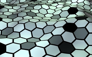 Honeycomb with a gradient color. Perspective view on polygon look like honeycomb. Wavy surface. Isometric geometry. 3D illustration