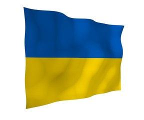 The flag of Ukraine on a white background. National flag and state ensign. Blue and yellow bicolour. 3D illustration waving flag