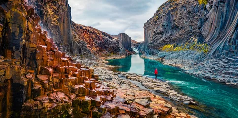 Zelfklevend Fotobehang Tourist went to the bottom of canyon and admired the beauty of basalt columns. View from flying drone of Studlagil Canyon. Picturesque summer scene of Iceland, Europe.  © Andrew Mayovskyy