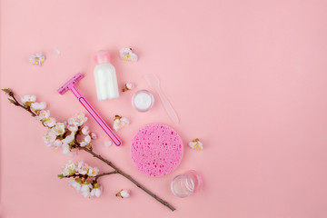 Set of natural cosmetics and Spa products on a pink background. Flat lay with space for text.