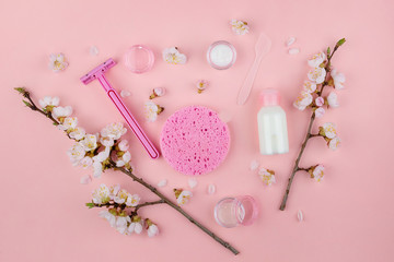 Set of natural cosmetics and Spa products on a pink background. Flat lay with space for text.