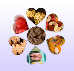 Ilustración de corazones con diferentes pastas dulces en su interior.