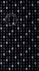 Bitcoin and currency on a dark background. Digital crypto symbol. Currency bubble, wave effect, market fluctuations. Business concept. 3D illustration