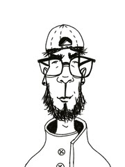 sketch portrait of young handsome stylish man in big glasses and cap isolated on white