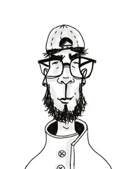 sketch portrait of young handsome stylish man in big glasses and cap isolated on white