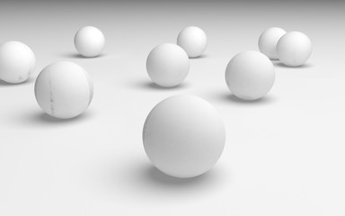 White abstract background. Set of white balls isolated on white backdrop. 3D illustration