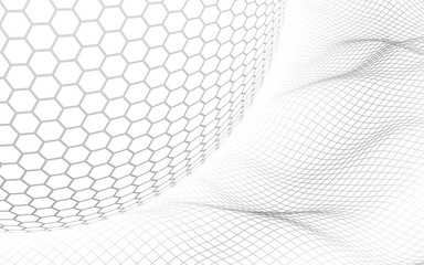 Abstract landscape on a white background with white honeycomb sphere. Cyberspace grid. hi tech network. 3d illustration