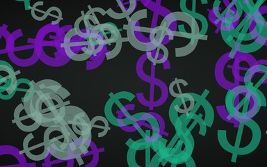 Multicolored translucent dollar signs on dark background. Green tones. 3D illustration