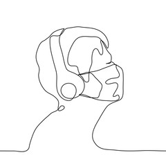 One continuous line profile portrait of a man who closed his eyes and enjoys listening to music on headphones. Listening to music, reading an audiobook, therapy with relaxing music, audio meditation