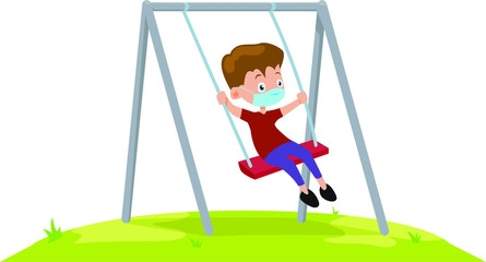 A boy using medical mask while playing on a swing illustration