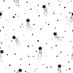 Seamless cute pattern with flying black stars, dots and circles on white background.