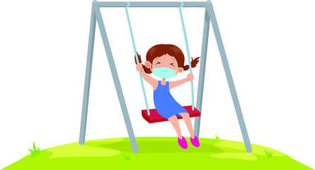 A girl using medical mask while playing on a swing illustration