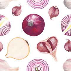Onion and garlic - square seamless print isolated on white. Raster drawn in a realistic style with gouache paint illustration with vegetables: onion and onion slices, garlic and garlic cloves