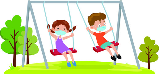A girl and a boy are using medical mask while playiing on a swing together
