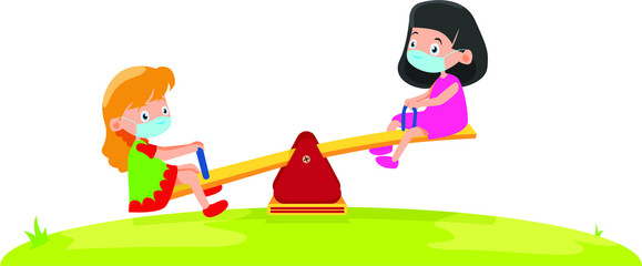 2 girls are playing using medical mask while seesaw together illustration