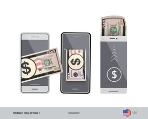 Mobile wallet, online money transfer with 50 US Dollar banknote. Flat style vector illustration.
