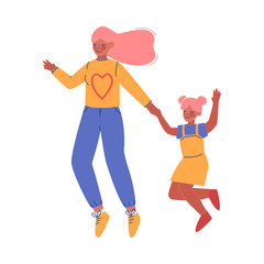 Mom and Her Daughter Jumping Together Holding Hands, Happy Family Having Fun Vector Illustration
