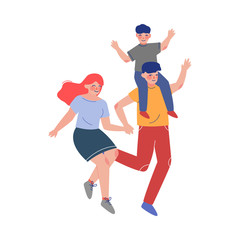 Cute Happy Family Jumping Together, Dad, Mom and Their Son Having Fun Vector Illustration