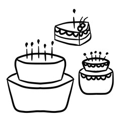 Simple decorated cake for celebrating wedding, happy birthday party, anniversary, thanksgiving day, christmas, valentine's. Confectionery, pastry, tasty gift, present. Doodle vector illustration.