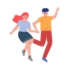 Fototapeta na wymiar Cute Teenage Boy and Girl Happily Jumping Holding Hands Vector Illustration