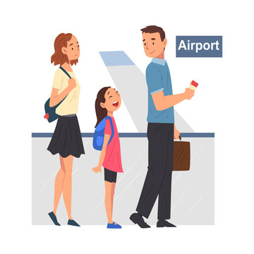 Travelling People Standing at Registration Desk at Airport, Happy Family Going on Summer Vacation Vector Illustration