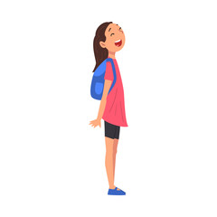 Cute Smiling Girl Standing with Backpack, Kid Travelling and Sightseeing on Vacation Vector Illustration