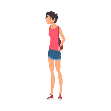 Young Woman in Casual Clothes Travelling and Sightseeing on Vacation Vector Illustration
