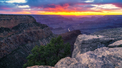 sunset at hopi point on the rim trail at the south rim of grand canyon in arizona, usa