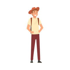 Male Tourist with Ba kpack, Smiling Young Man in Hat Travelling and Sightseeing on Vacation Vector Illustration