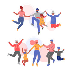 Fototapeta na wymiar Cute Happy Families Jumping Holding Hands Set, Father, Mother and Their Children Having Fun Together Vector Illustration