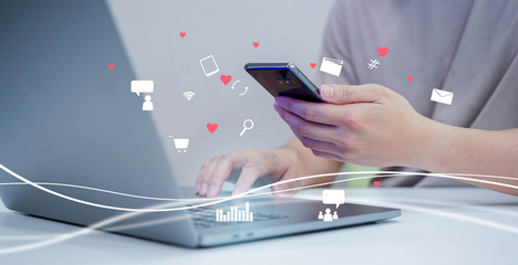 close up on man hand touching on smartphone to working about futuristic of social media marketing icon for internet network technology and business concept	