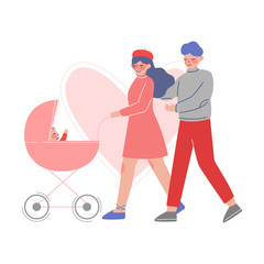 Family Couple Walking with they Newborn Baby in Pink Pram Vector Illustration