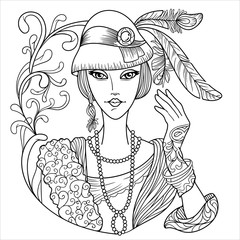 Coloring page for adults anti stress with beautiful girl 1920 fashion characters with black and white background