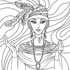 Coloring page for adults anti stress with beautiful girl 1920 fashion characters with black and white background