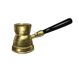 . Turkish coffee pot, cezve,ibrik,hand hammered  brass coffee maker. Hand drawn vector object on a white background. Color vintage sketch.