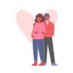 Family Couple Expecting Baby, Young Man Embracing His Pregnant Wife and Touching her Belly Vector Illustration