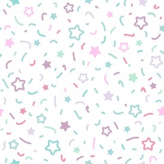 Seamless pattern with little rounded stars, dots and strokes on white background.