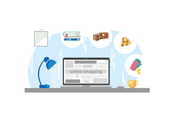 Vector conceptual illustration of online shopping. A laptop with an inscription on the screen and various icons of goods and services nearby