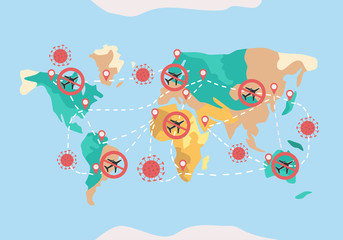 Vector conceptual illustration of the prohibition of flights for aircraft during the worldwide spread of a virus or pandemic
