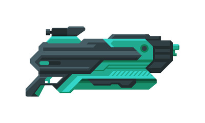 Futuristic Space Gun Blaster, Black and Green Fantastic Handgun, Raygun of Alien, Childish Pistol Vector Illustration