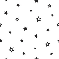 Seamless abstract pattern with little sharp black stars on white background. Vector illustration.